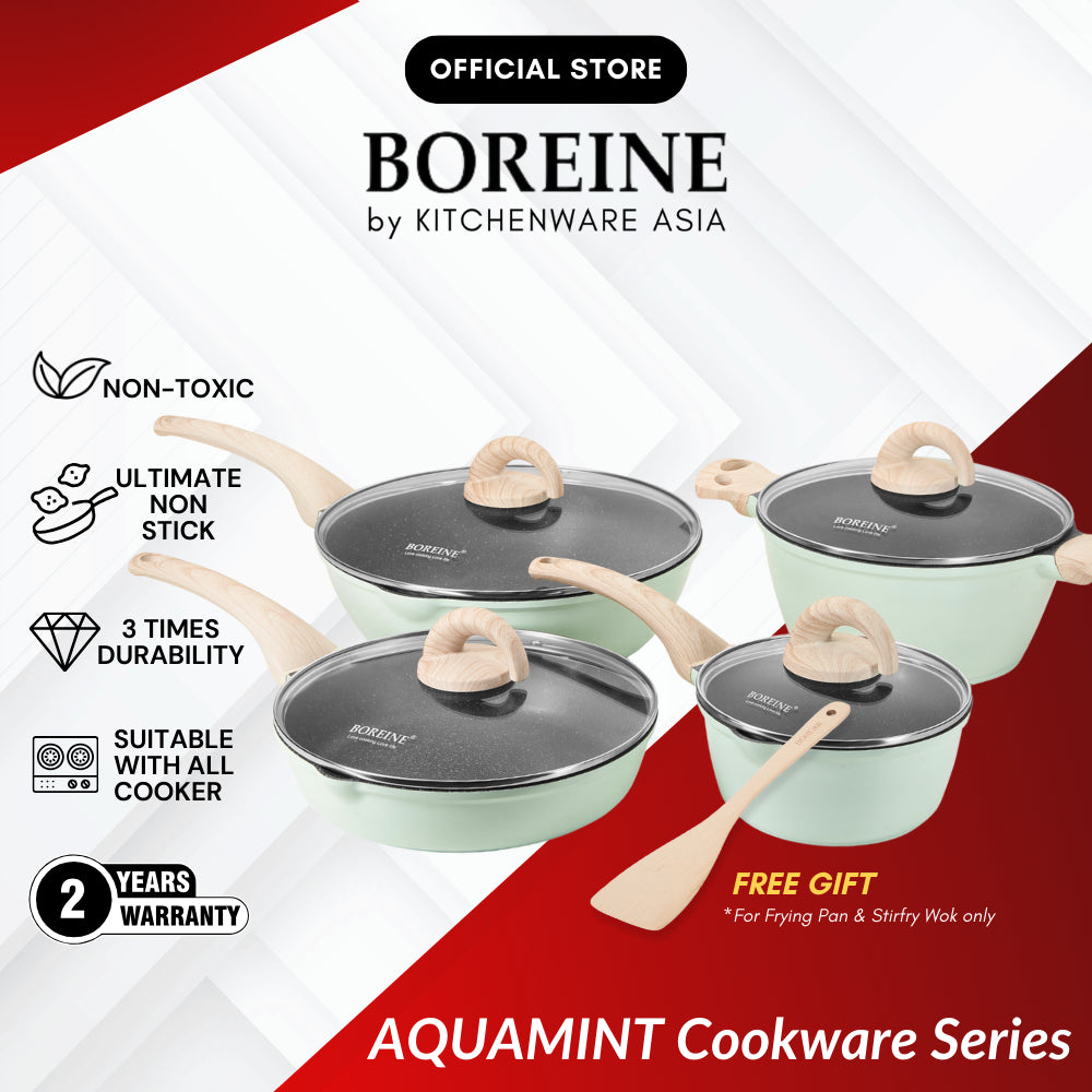BOREINE AquaMint Non Stick Granite Cookware 18cm Saucepan / 26cm Frying Pan / 24cm Casserole Pot / 30cm Stir-fry Wok