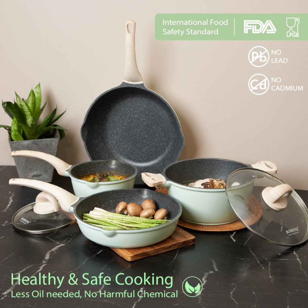 BOREINE AquaMint Non Stick Granite Cookware 18cm Saucepan / 26cm Frying Pan / 24cm Casserole Pot / 30cm Stir-fry Wok