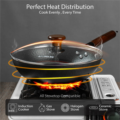 ASIAWARE Takamori Black Hammered Nitrigan Carbon Steel Iron 34cm Wok 28cm Steel Iron Stirfry Wok 20cm Iron Deep Frypan