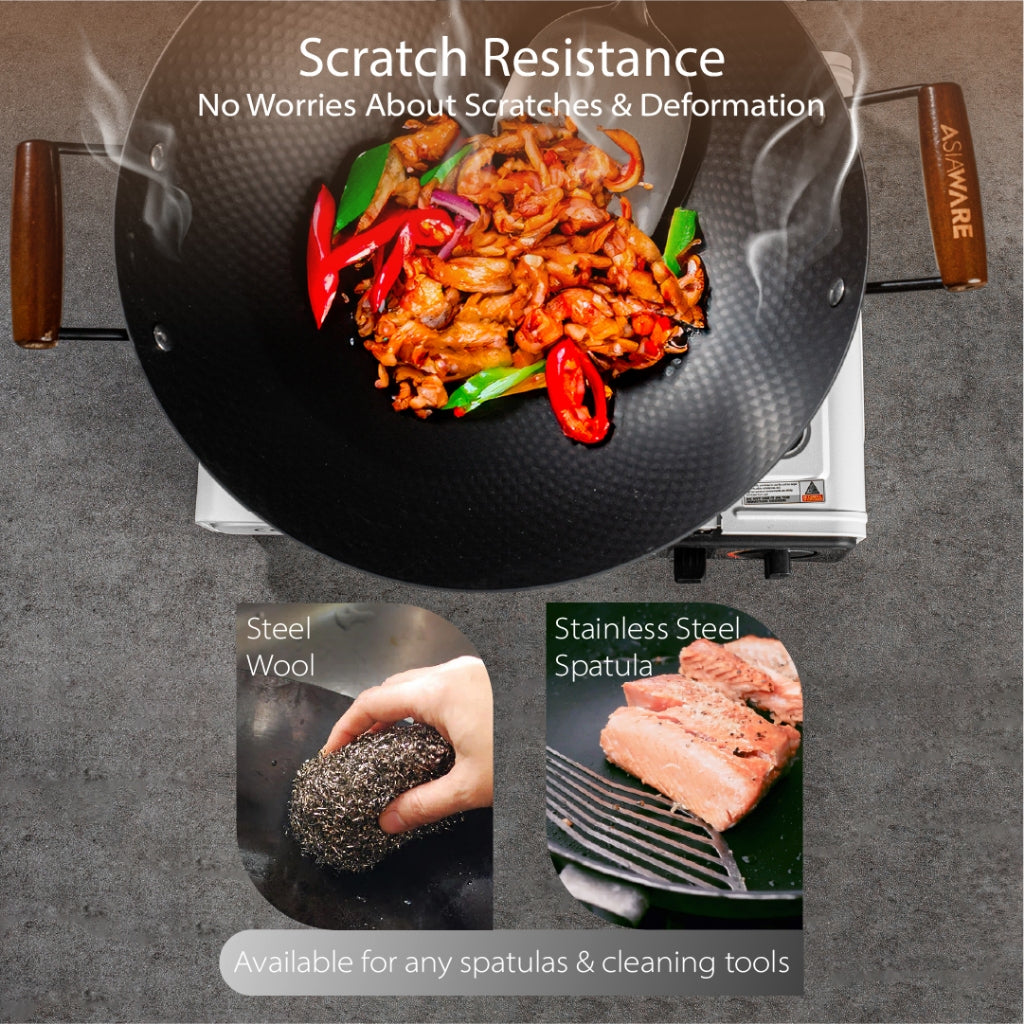 ASIAWARE Takamori Black Hammered Nitrigan Carbon Steel Iron 34cm Wok 28cm Steel Iron Stirfry Wok 20cm Iron Deep Frypan