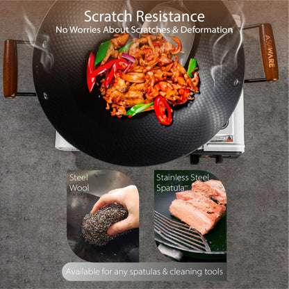 ASIAWARE Takamori Black Hammered Nitrigan Carbon Steel Iron 34cm Wok 28cm Steel Iron Stirfry Wok 20cm Iron Deep Frypan