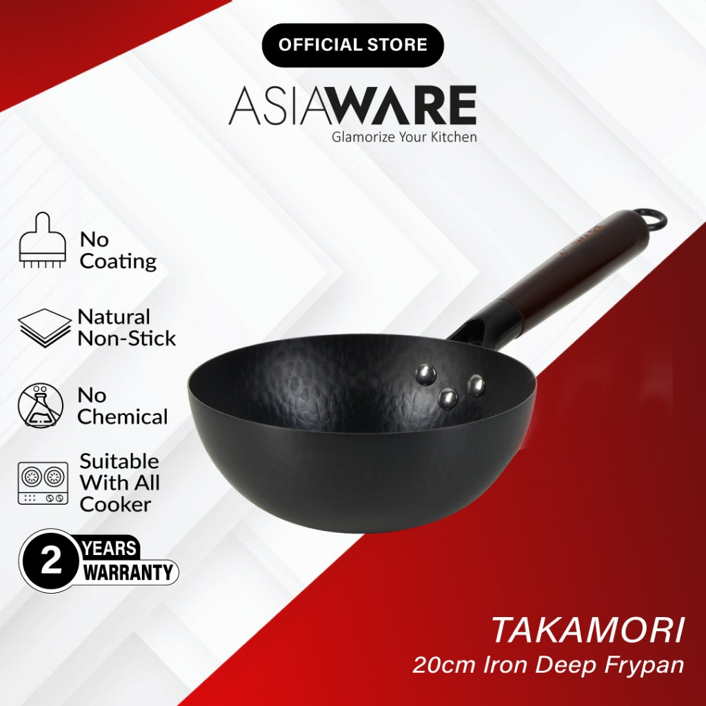 ASIAWARE Takamori Black Hammered Nitrigan Carbon Steel Iron 34cm Wok 28cm Steel Iron Stirfry Wok 20cm Iron Deep Frypan