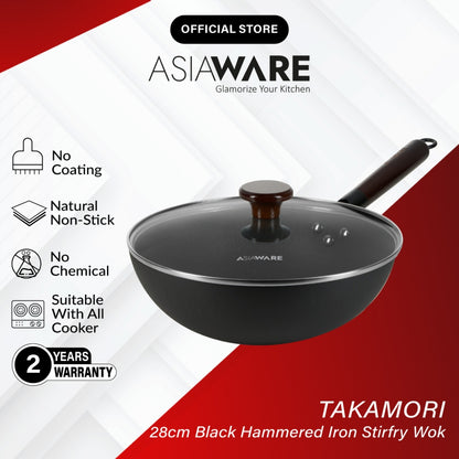 ASIAWARE Takamori Black Hammered Nitrigan Carbon Steel Iron 34cm Wok 28cm Steel Iron Stirfry Wok 20cm Iron Deep Frypan