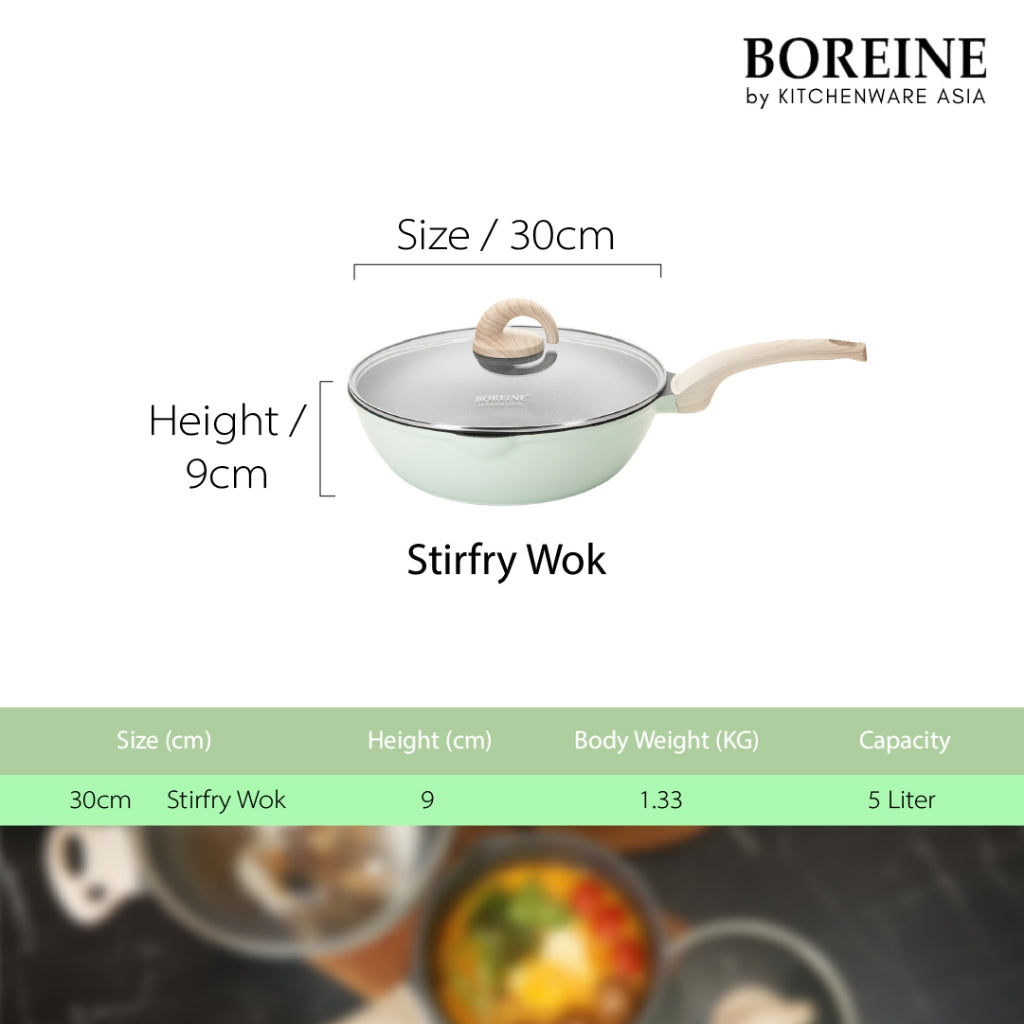 BOREINE Aquamint Non Stick Granite 30cm Stirfry Wok Deep Fry Pan Kuali Batu Granite Original (30cm)[Free Wooden Spatula]