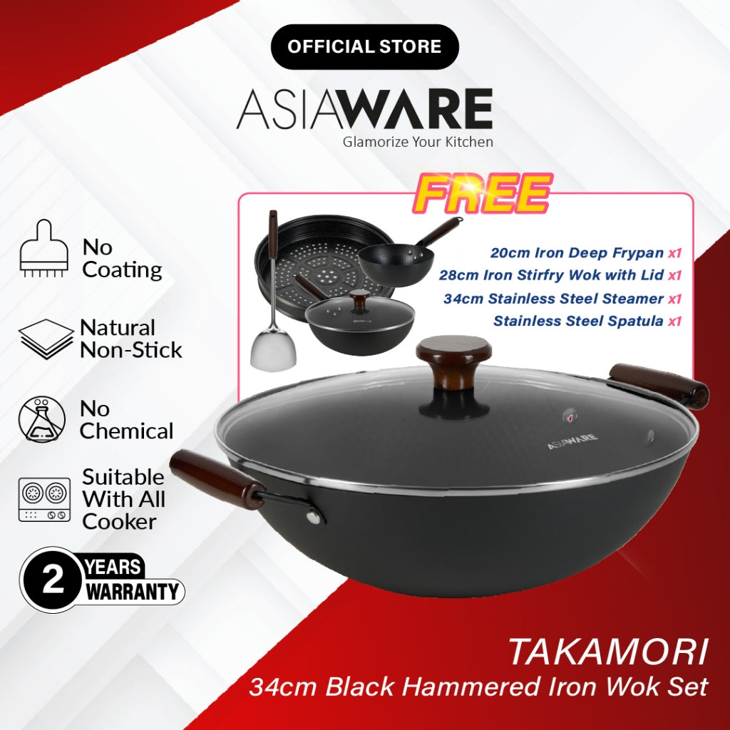 ASIAWARE Takamori Black Hammered Nitrigan Carbon Steel Iron 34cm Wok 28cm Steel Iron Stirfry Wok 20cm Iron Deep Frypan