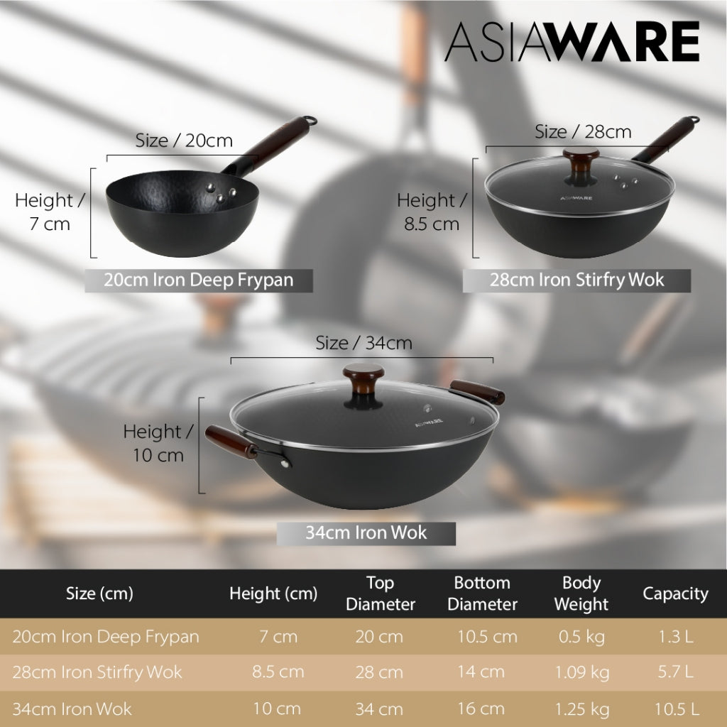 ASIAWARE Takamori Black Hammered Nitrigan Carbon Steel Iron 34cm Wok 28cm Steel Iron Stirfry Wok 20cm Iron Deep Frypan