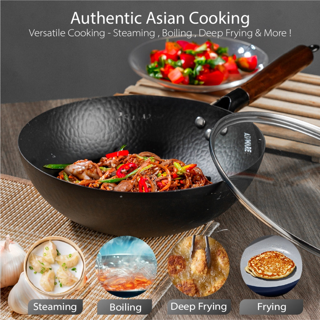 ASIAWARE Takamori Black Hammered Nitrigan Carbon Steel Iron 34cm Wok 28cm Steel Iron Stirfry Wok 20cm Iron Deep Frypan