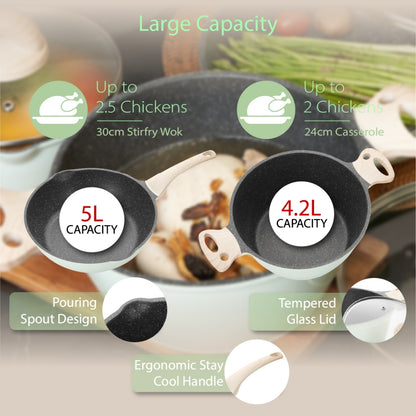 BOREINE AquaMint Non Stick Granite Cookware 18cm Saucepan / 26cm Frying Pan / 24cm Casserole Pot / 30cm Stir-fry Wok
