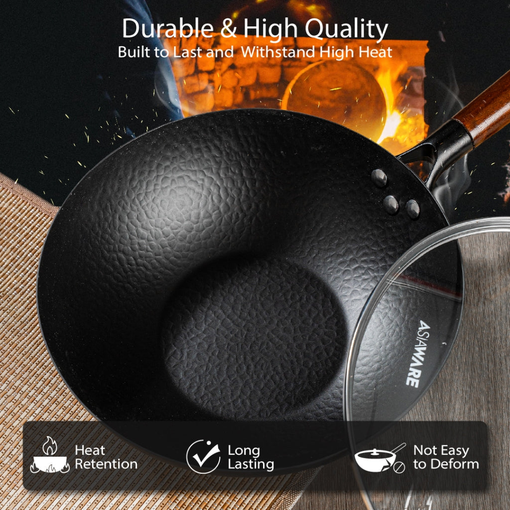 ASIAWARE Takamori Black Hammered Nitrigan Carbon Steel Iron 34cm Wok 28cm Steel Iron Stirfry Wok 20cm Iron Deep Frypan