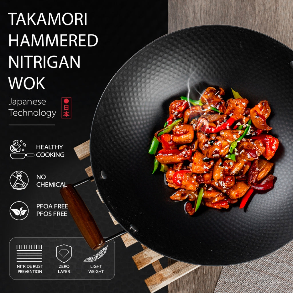 ASIAWARE Takamori Black Hammered Nitrigan Carbon Steel Iron 34cm Wok 28cm Steel Iron Stirfry Wok 20cm Iron Deep Frypan