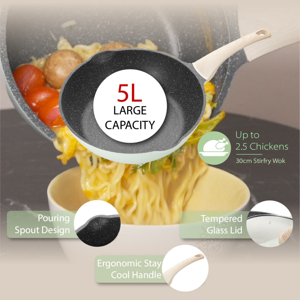 BOREINE Aquamint Non Stick Granite 30cm Stirfry Wok Deep Fry Pan Kuali Batu Granite Original (30cm)[Free Wooden Spatula]
